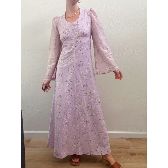Vintage 1970's Purple Floral Print Flare Sleeve Maxi Dress - Picture 5 of 7